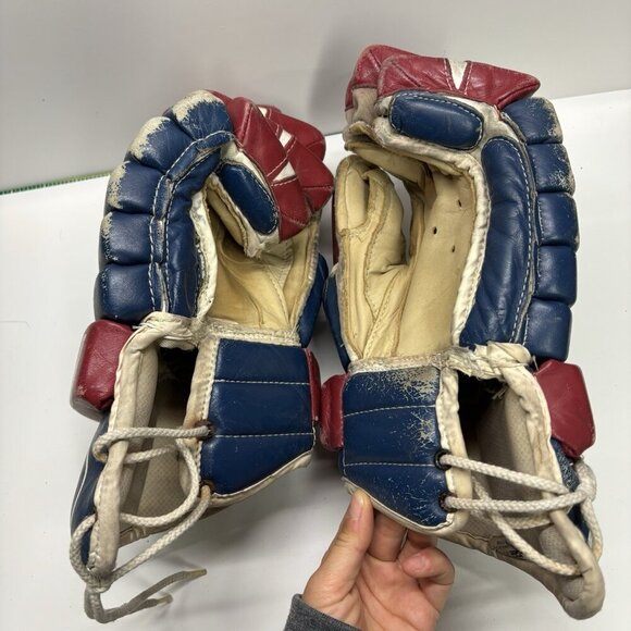 Vintage Leather Blue White Red Ferland 2200 Pro Hockey Player Gloves Habs NHL - Picture 9 of 11